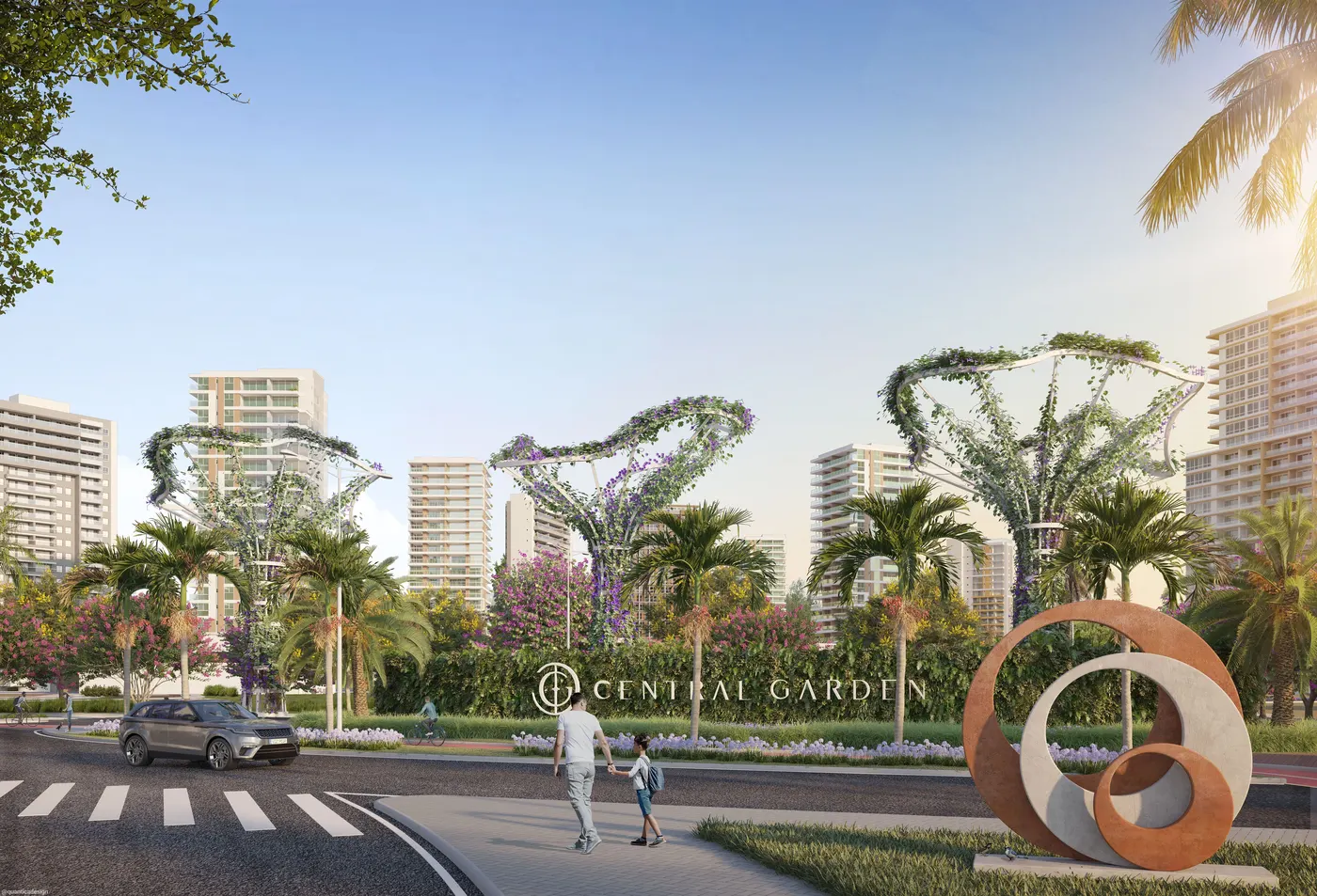 Entrada do Central Garden com esculturas de árvores e ciclovia