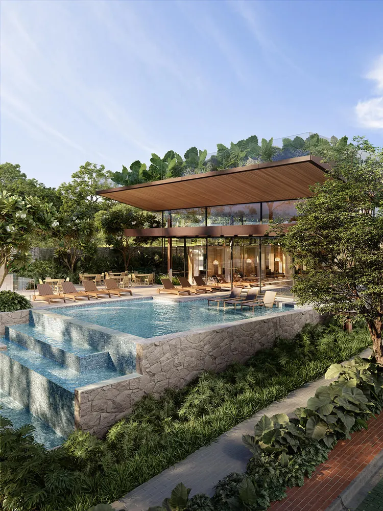 Área de piscina com paisagismo no Serena